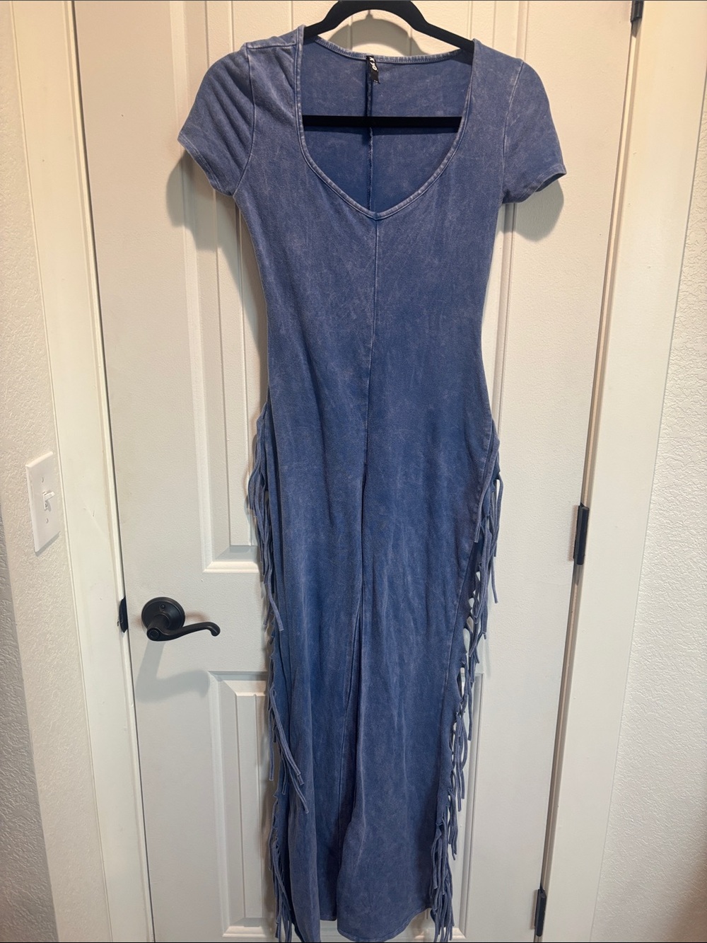Blue Fringe Short-Sleeve Jumpsuit Romper